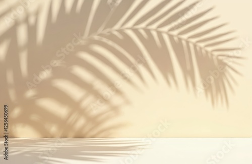 Minimal summer background with natural palm leaf shadow. Pastel colored aesthetic photo with palm plant shadow on the wall and table. Can be used for product presentation.