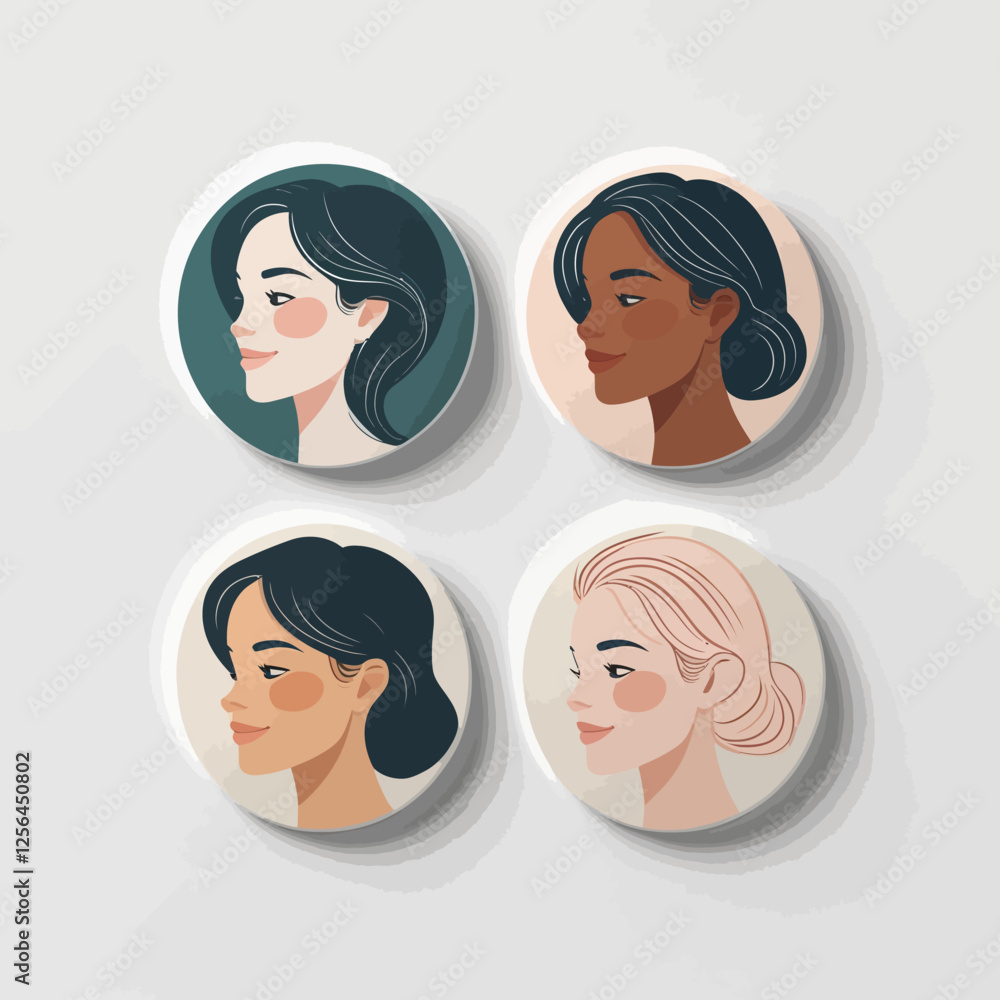 Set of various female avatars showing head portraits of young women in circles. It includes side views and faces of different female characters, ideal for logos or profile pictures. Set of various female avatars showing head portraits of young women in circles. It includes side views and faces of different female characters, ideal for logos or profile pictures.