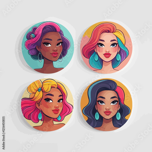 Set of various female avatars showing head portraits of young women in circles. It includes side views and faces of different female characters, ideal for logos or profile pictures.