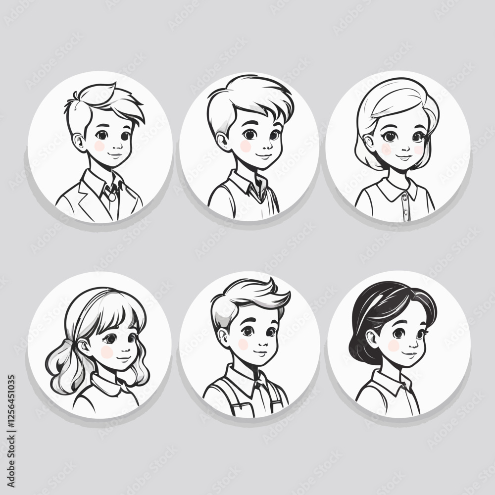 A diverse set of child avatars featuring head portraits of young children in circles. Includes side views and faces of different child characters, ideal for logos or profile pictures. A diverse set of child avatars featuring head portraits of young children in circles. Includes side views and faces of different child characters, ideal for logos or profile pictures.