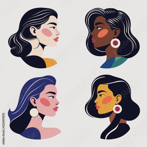 Set of various female avatars showing head portraits of young women in circles. It includes side views and faces of different female characters, ideal for logos or profile pictures.