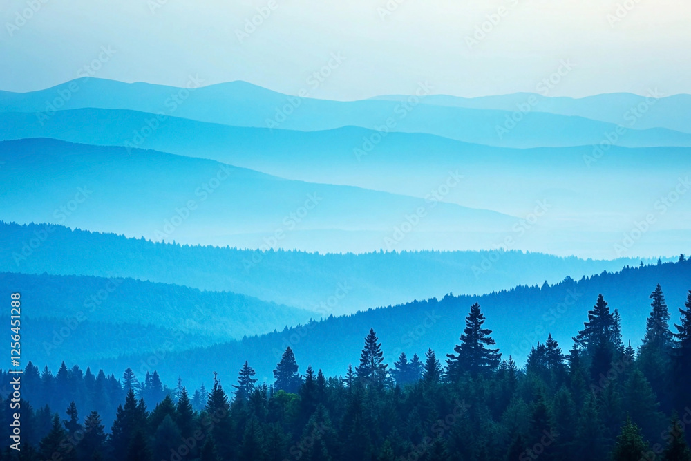 Obraz premium Blue mountain range landscape, misty forest, calm sunrise, nature background, serenity