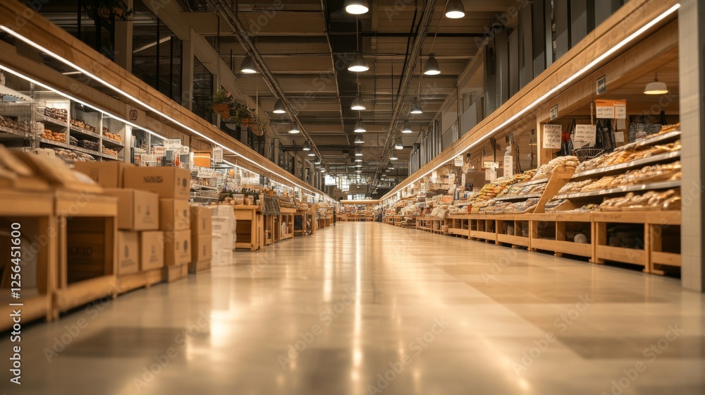 Empty grocery store aisle, daytime, food shelves, website banner Empty grocery store aisle, daytime, food shelves, website banner