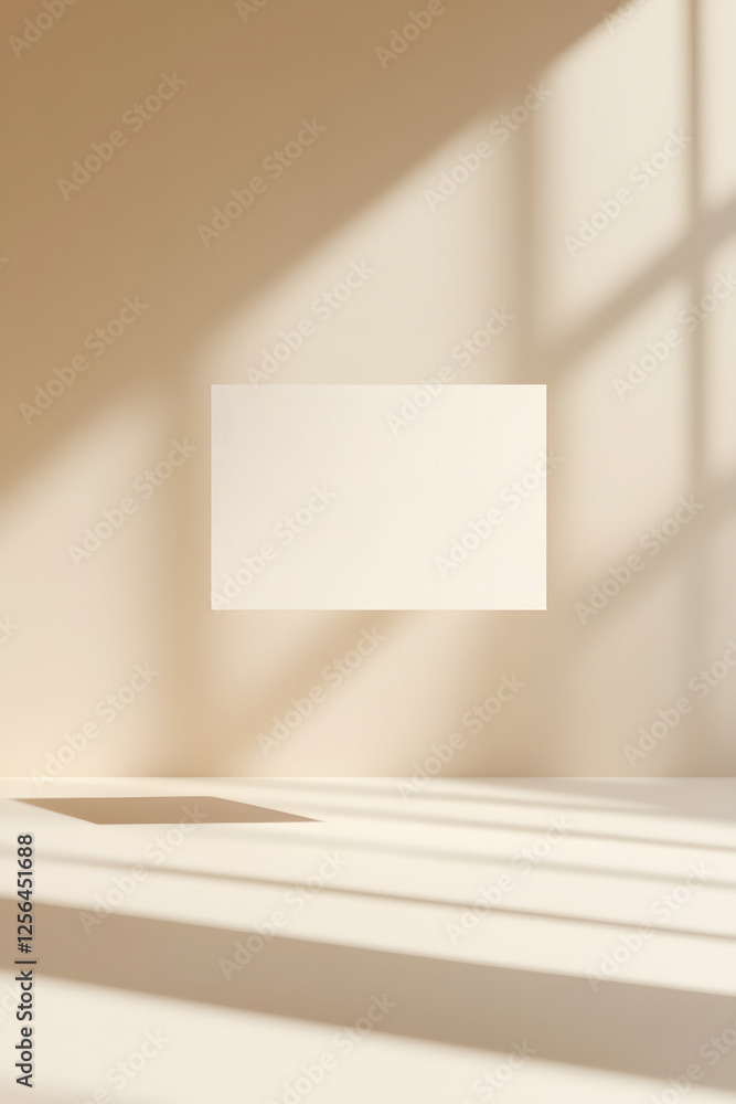 Minimalist beige room featuring a blank rectangular poster on the wall, bathed in sunlight filtering through a window. Clean, simple, and inviting space. Minimalist beige room featuring a blank rectangular poster on the wall, bathed in sunlight filtering through a window. Clean, simple, and inviting space.