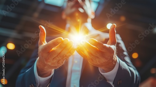 Man Holding a Glowing Light in Hands, Symbolizing Innovation, Power, Energy, and Leadership in a Futuristic Setting, Religion 