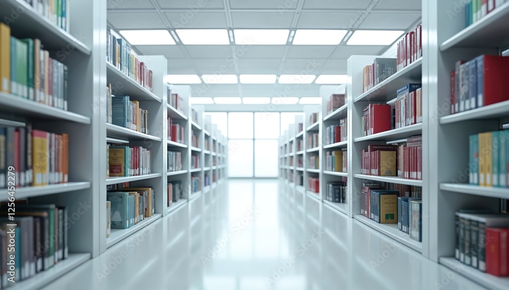 Library interior features rows of bookshelves filled with books in organized arrangement. Calm reading, learning environment with bright interior design, technology for exploration, studies, Library interior features rows of bookshelves filled with books in organized arrangement. Calm reading, learning environment with bright interior design, technology for exploration, studies,