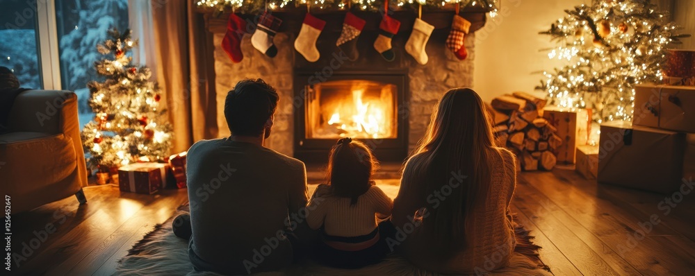 Obraz premium Cozy holiday scene with family by fireplace in decorated living room at christmas