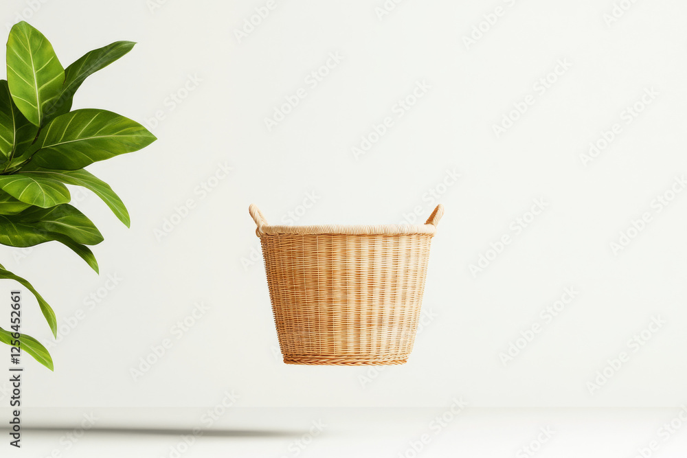 Woven basket suspended in a modern interior with greenery and minimalistic design Woven basket suspended in a modern interior with greenery and minimalistic design