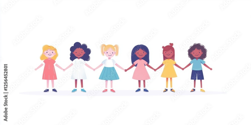 Cute cartoon-style illustration of children holding hands and smiling, on a white background vibrant colors, happy mood, featuring children of different ethnicities playing together Generative AI Cute cartoon-style illustration of children holding hands and smiling, on a white background vibrant colors, happy mood, featuring children of different ethnicities playing together Generative AI