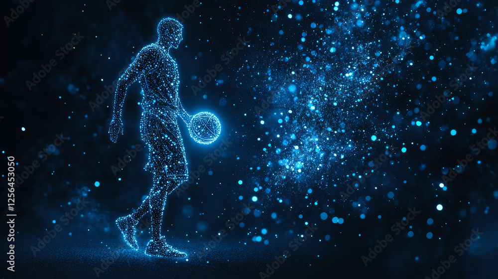 Basketball consists of particles. The basketball player consists of dots and circles. Blue basketball against a dark background Basketball consists of particles. The basketball player consists of dots and circles. Blue basketball against a dark background