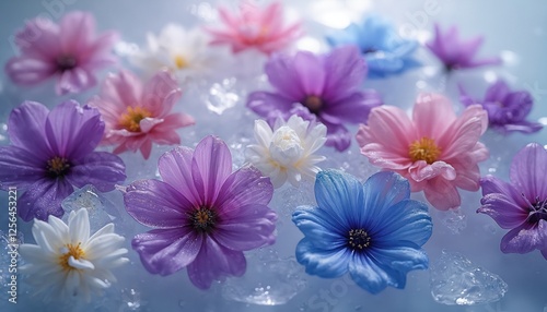 Abstract background with pastel color flowers frozen in ice, crystal water. Seamless pattern with floral glace macro, anemone, sakura and cherry blossom, spring lilac, pink rose nature bloom.
