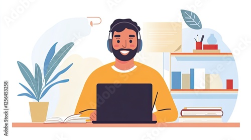 Happy adult man in headphones studying online, attending a virtual lecture or webinar, using a laptop and books at home