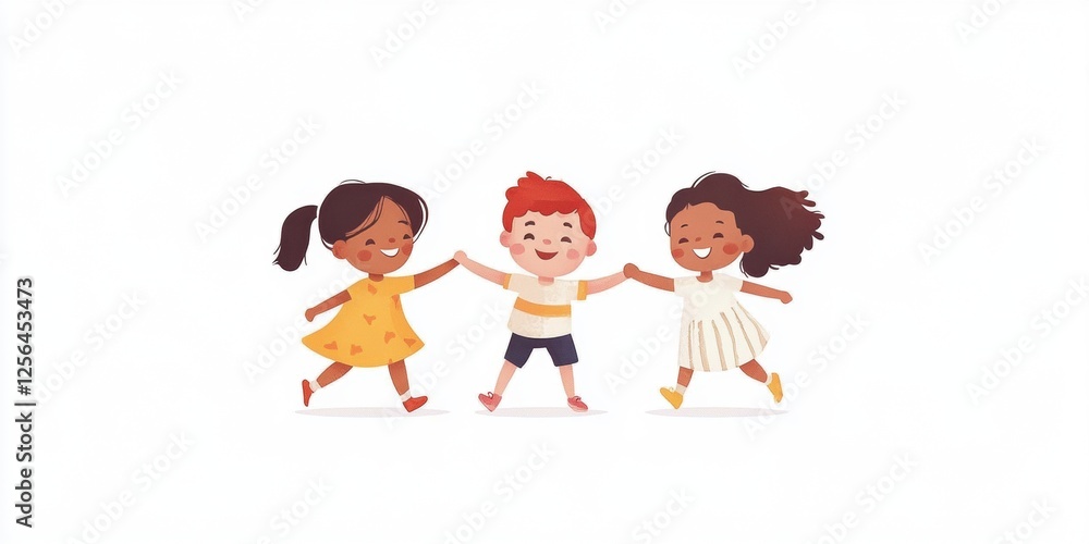 Fototapeta premium Cute cartoon-style children's illustration of happy, multiethnic kids holding hands and playing together, on a white background, with a simple, flat design Generative AI
