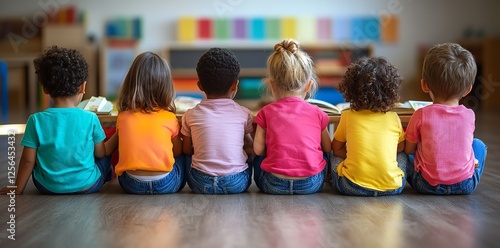Happy Multiethnic Children Reading Books During Storytime at Nursery School, Close-up