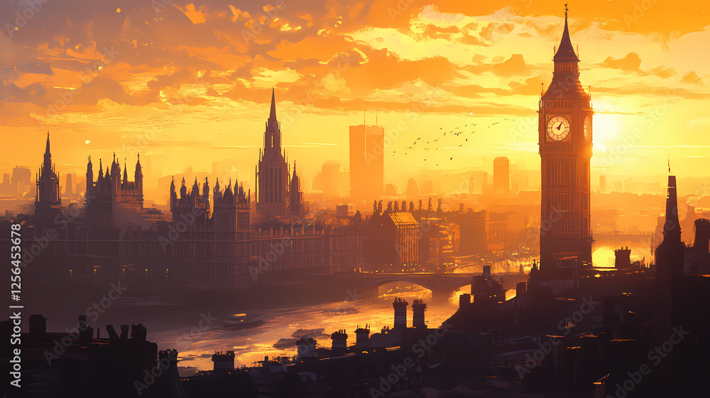 Naklejka premium London skyline: big ben and houses of parliament at sunset. Golden Hour Cyberpunk. Illustration
