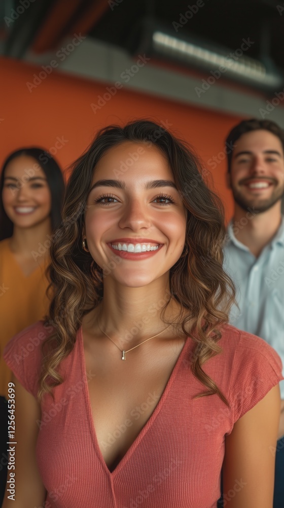 Obraz premium Smiling Young Professionals in a Modern Office, Happy Multicultural Team Standing Together, Positive Workplace Environment and Teamwork Concept