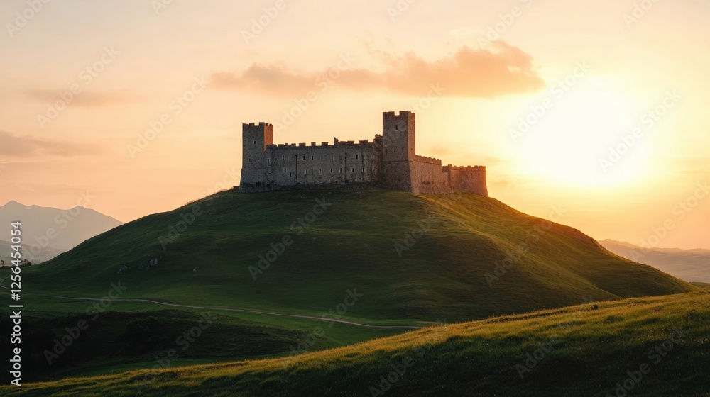 A medieval castle rests atop a green hill as the sun sets across the vibrant sky. Generative AI A medieval castle rests atop a green hill as the sun sets across the vibrant sky. Generative AI