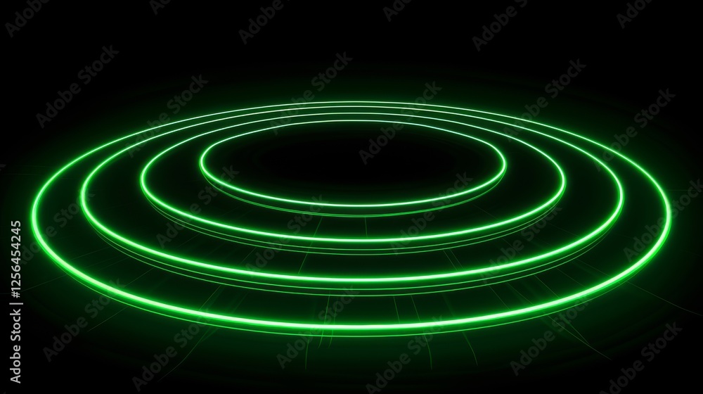 Fototapeta premium Minimalistic glowing green concentric circles against a black background, representing modern design, simplicity, and futuristic aesthetics. AI generated.