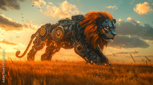 Robotic lion, red gold savannah, biomechanical mane, retrofuturistic grassland, 3d render. Golden Hour Cyberpunk. Illustration