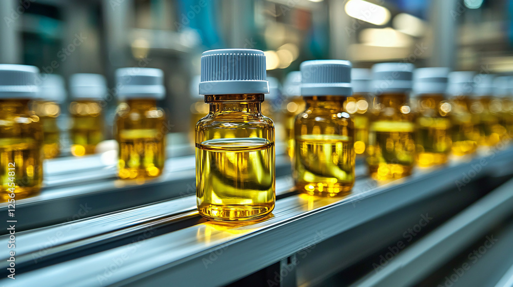 A close-up view of pharmaceutical bottles moving in perfect alignment on a production line, showcasing precision and orderliness in a sterile environment. A close-up view of pharmaceutical bottles moving in perfect alignment on a production line, showcasing precision and orderliness in a sterile environment.