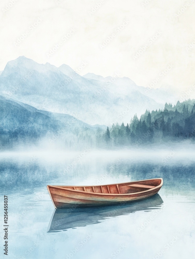 Serene watercolor illustration of a rowboat floating on a calm mountain lake surrounded by misty mountains and a blank sky. Generative AI Serene watercolor illustration of a rowboat floating on a calm mountain lake surrounded by misty mountains and a blank sky. Generative AI