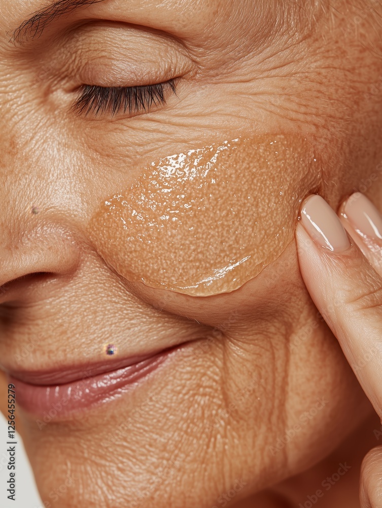 Fototapeta premium Close-Up of a Mature Woman Applying Skincare Cream for Hydration and Anti-Aging Beauty Routine