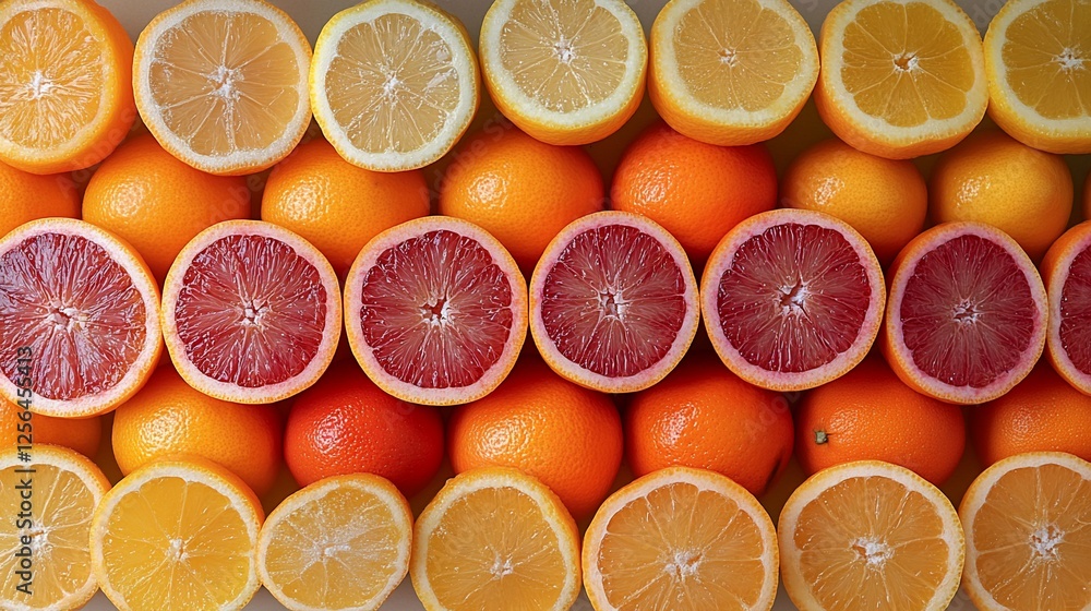 Vibrant display of assorted citrus fruits arranged in a colorful pattern on a table Vibrant display of assorted citrus fruits arranged in a colorful pattern on a table