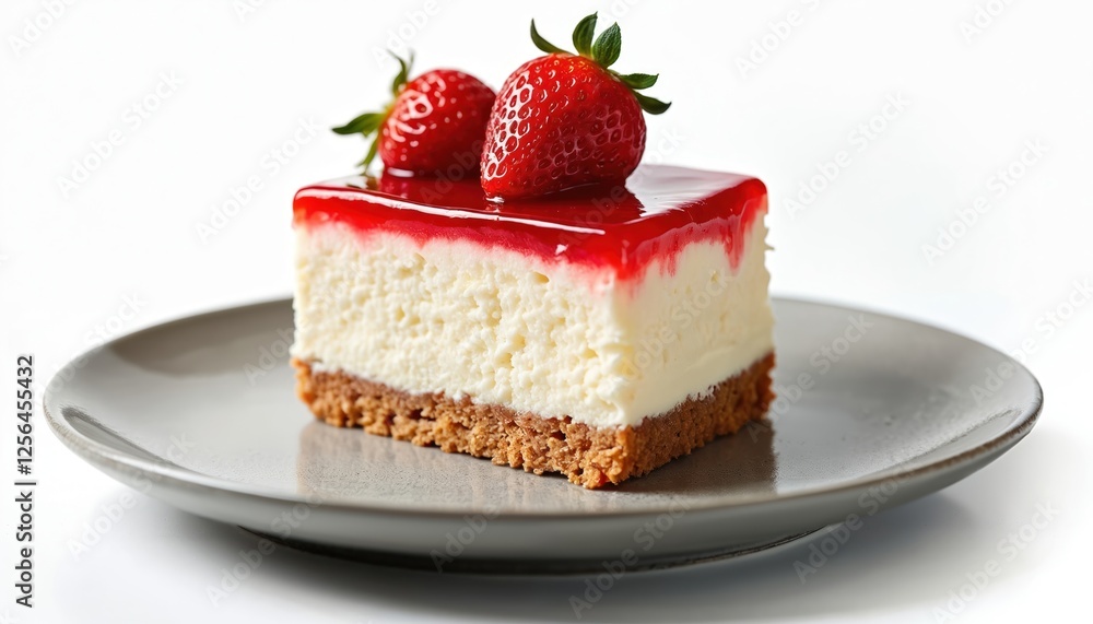 Square slice of classic cheesecake with strawberry topping on plate. Delicious sweet dessert with fruit, creamy cheese. Fresh baked pie for birthday party, cafe menu, restaurant eatery. Tasty snack. Square slice of classic cheesecake with strawberry topping on plate. Delicious sweet dessert with fruit, creamy cheese. Fresh baked pie for birthday party, cafe menu, restaurant eatery. Tasty snack.