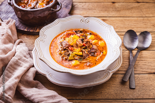 Zero waste soup, pizza soup with vegetables and meat, minestrone photo