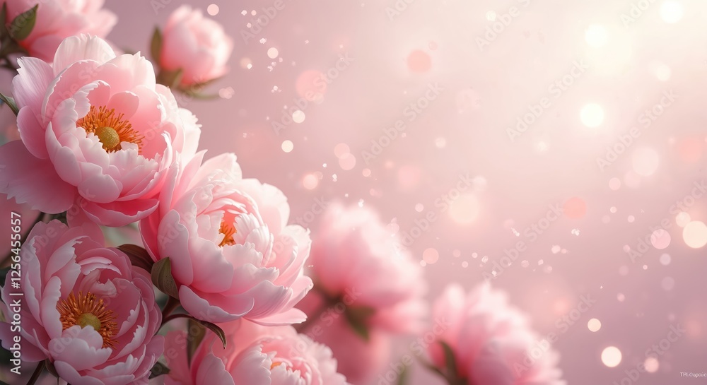 Fototapeta premium Pastel pink peonies background with blurred bokeh lights, white glitter. Romantic wedding card template design with beautiful gentle blooming flowers for love, romance or Valentine day banner.