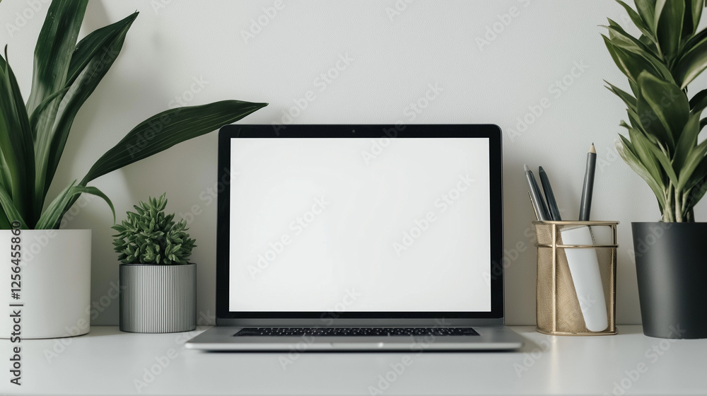 Fototapeta premium Stylish Laptop Mockup on Desk with Green Plants – Modern Home Office Setup