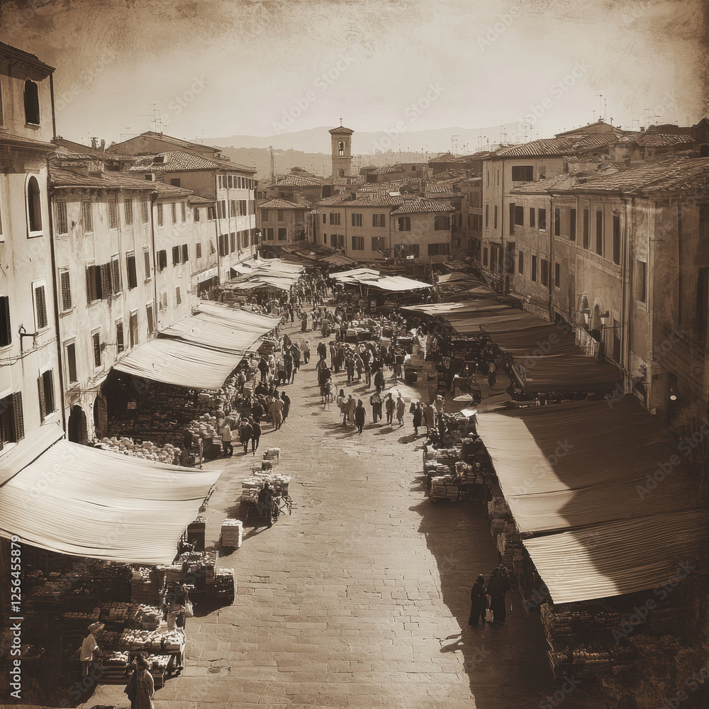 Fototapeta premium A bustling vintage market in a European town square with numerous stalls, captured in sepia tones highlighting a lively atmosphere and historical architecture.