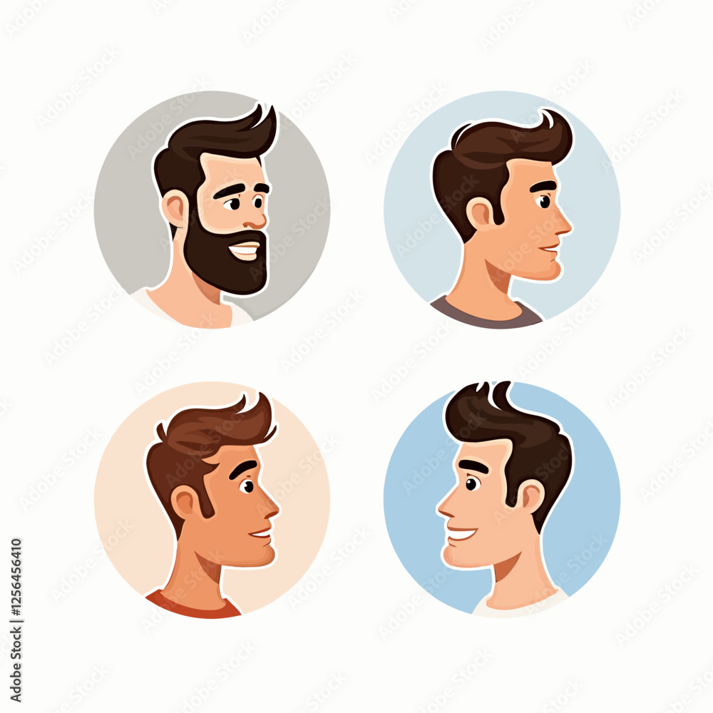 A diverse set of male avatars featuring head portraits of young men. Faces and side views of different male characters are perfect for children's logos or illustrations. A diverse set of male avatars featuring head portraits of young men. Faces and side views of different male characters are perfect for children's logos or illustrations.