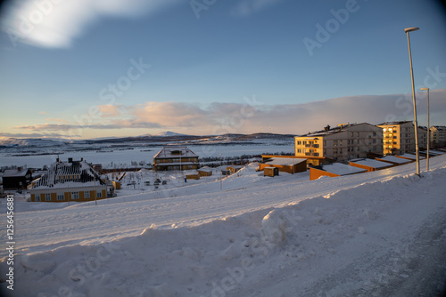 View of the new residential area by Luossavaara with low standing sun.