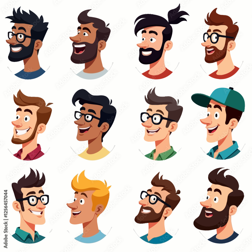 A diverse set of male avatars featuring head portraits of young men. Faces and side views of different male characters are perfect for children's logos or illustrations. A diverse set of male avatars featuring head portraits of young men. Faces and side views of different male characters are perfect for children's logos or illustrations.