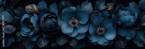 Wallpaper Mural Dark floral wallpaper, blue paper flowers with intricate details, featuring various types of blooms and leaves, set against a black background. Gothic moody flowers composition Torontodigital.ca