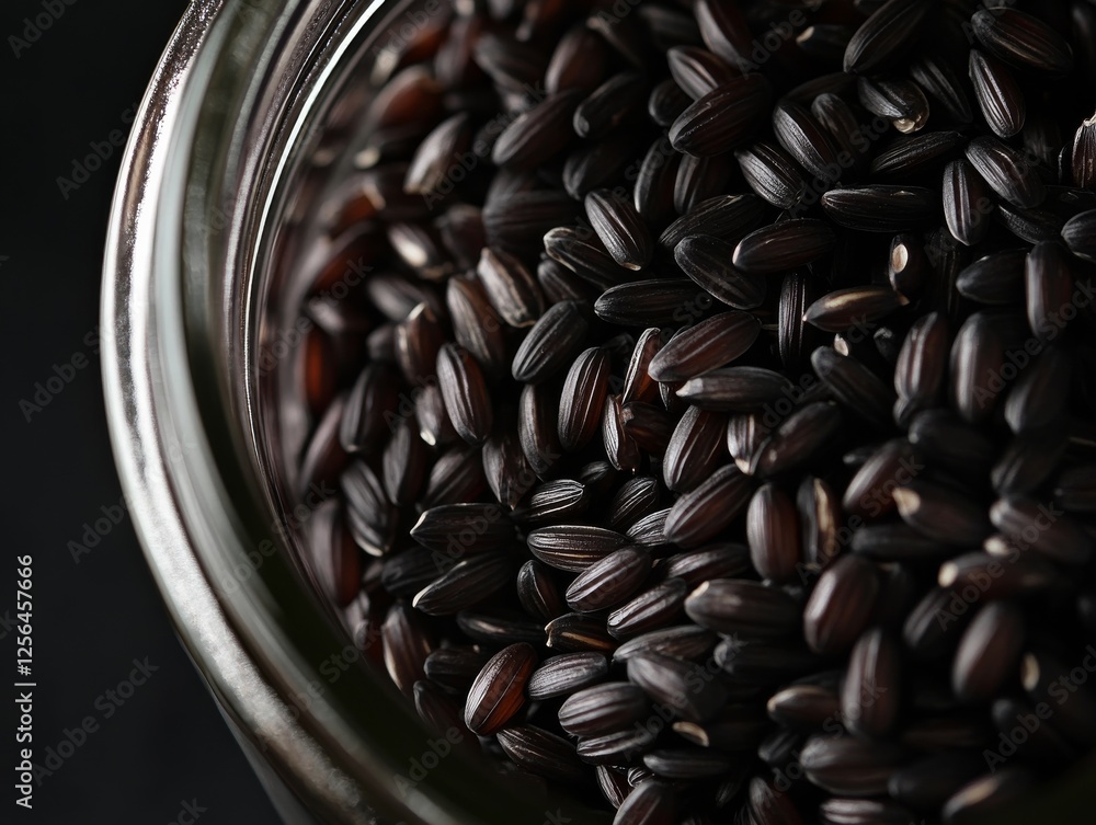 Close-up of black rice in a glass jar. Featuring unique dark color and grain texture. Highlighting health benefits. Ideal for superfood and diet content.