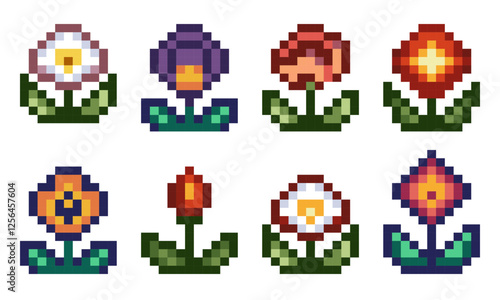 Set of pixel art flowers in various colors on a white background. Retro 8-bit botanical design, perfect for games, icons, stickers, and digital projects with a nostalgic aesthetic.