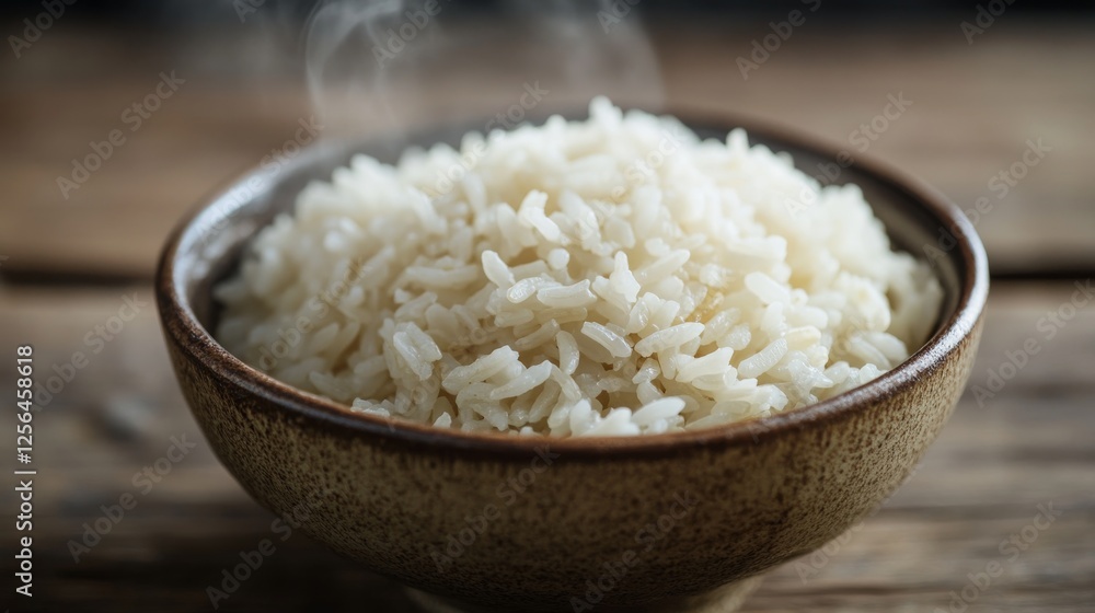 Close-up of cooked rice in a bowl. Simple and elegant presentation on a wooden table. Emphasizing the texture and steam rising. Ideal for food blogs. Close-up of cooked rice in a bowl. Simple and elegant presentation on a wooden table. Emphasizing the texture and steam rising. Ideal for food blogs.