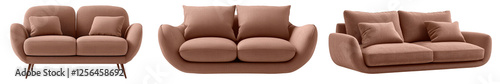 Set of brown sofas with cushions isolated on a transparent background. Collection of modern upholstered sofas in different designs and angles photo