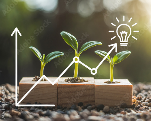 A close-up of green sprouts growing from wooden blocks with a growth chart and lightbulb icon, symbolizing business growth, sustainability, and innovative ideas. photo