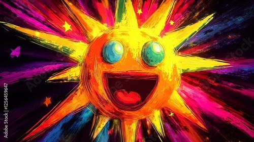 Bright and cheerful sun character radiates joy with colorful background