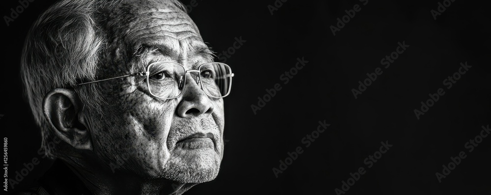 Elderly asian man in reflective pose wearing glasses against dark background Elderly asian man in reflective pose wearing glasses against dark background