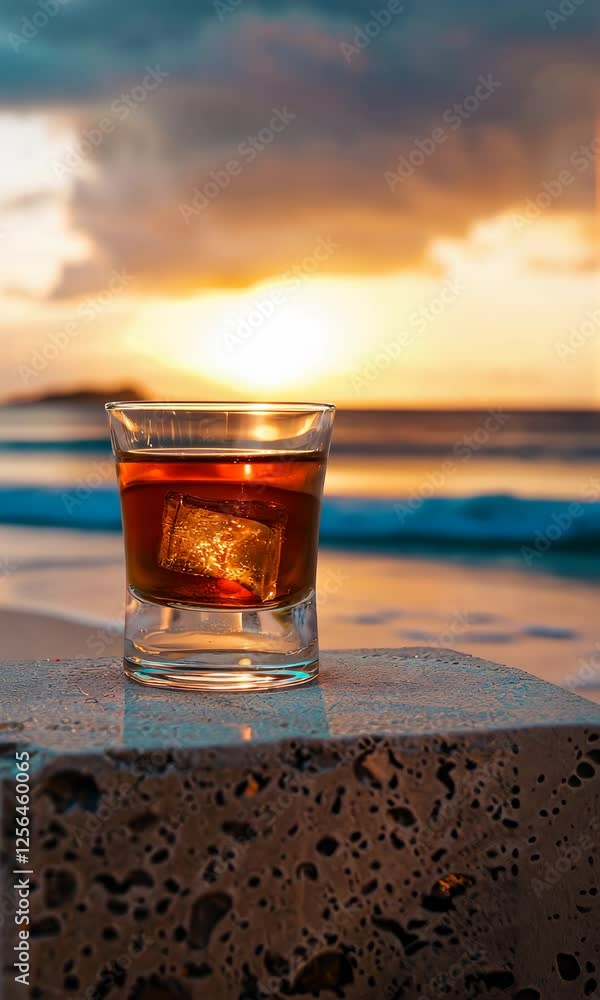 A glass of rum or scotch with ice cube stands on the sandy beach. Alcoholic drink on the ocean shore of a tropical island. A glass of rum or scotch with ice cube stands on the sandy beach. Alcoholic drink on the ocean shore of a tropical island.
