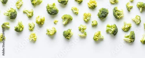 Fresh broccoli florets scattered on light background for healthy eating concept photo