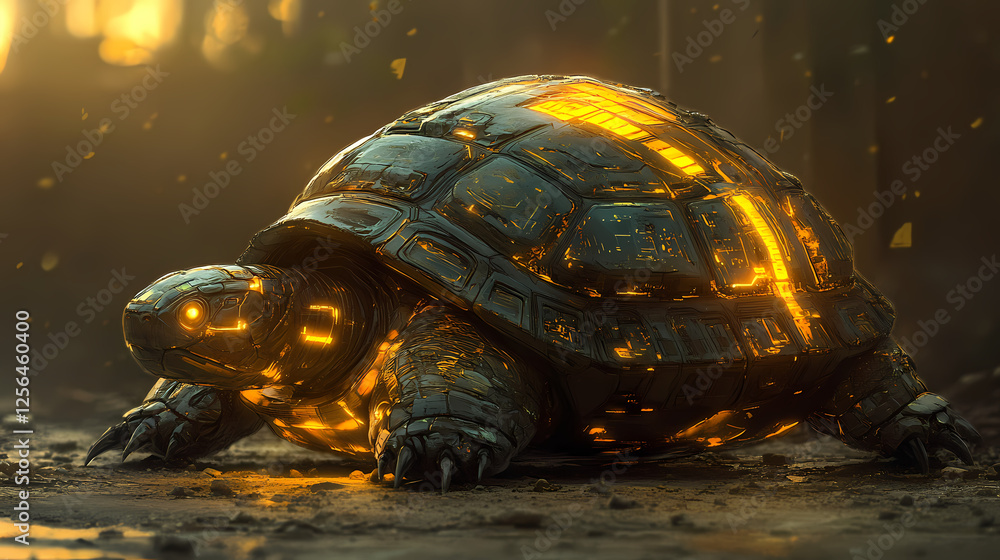 Cybernetic tortoise: a futuristic shell in golden hour. Golden Hour Cyberpunk. Illustration Cybernetic tortoise: a futuristic shell in golden hour. Golden Hour Cyberpunk. Illustration