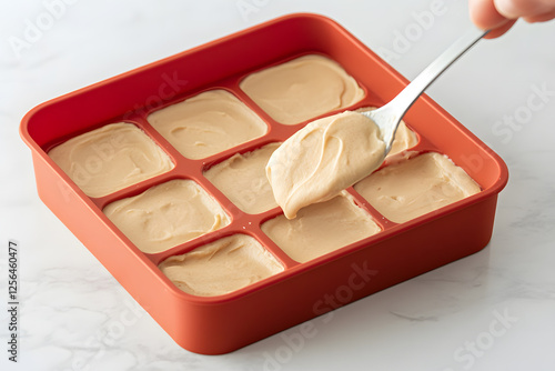 Preparing treats in a silicone mold with batter being spooned into individual compartments to create evenly sized portions of a dessert or snack. photo