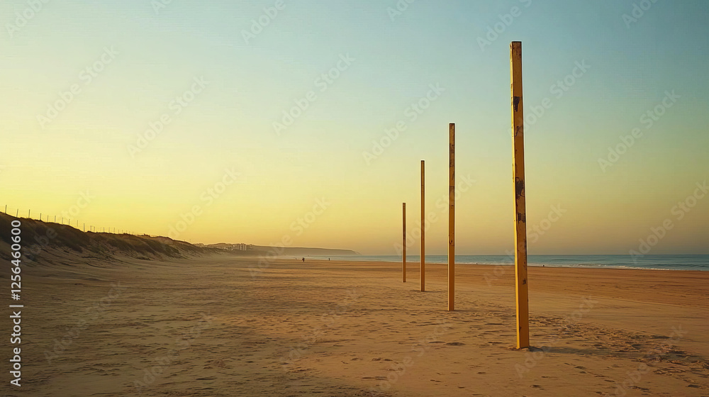 Yellow soccer goalpost on a sandy beach under night lighting in Barbate, Spain. Yellow soccer goalpost on a sandy beach under night lighting in Barbate, Spain.