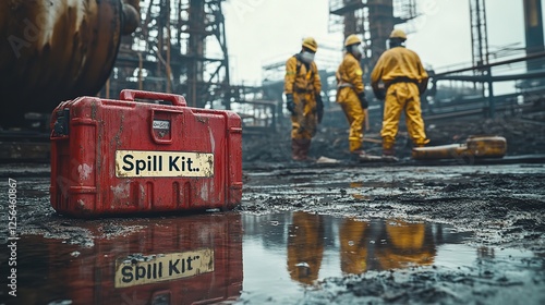 Oil Spill Kit in Red Case with Workers in Protective Gear, Oil Industry Background