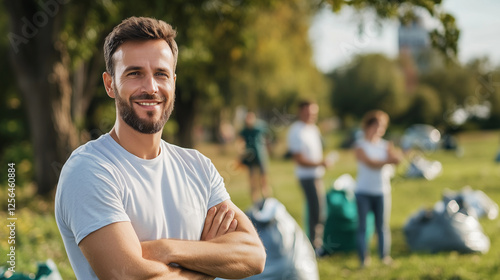 A confident environmental activist stands with arms crossed, looking at the camera during a cleanup drive, with trash bags and other volunteers working in the background. environme photo